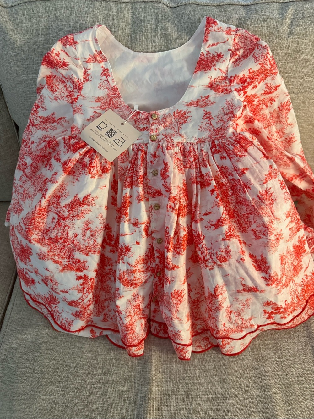 Red Toile Print Girls' Formal Dress with Bow - Picture 5 of 9